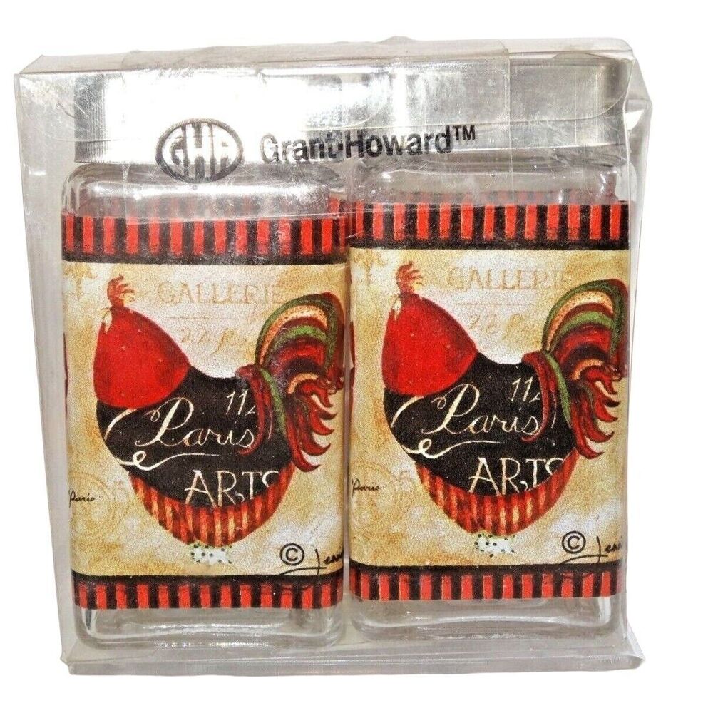 Grant Howard Country French Rooster Salt and Pepper Shakers Glass Metal Lid NIB